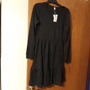 NEW ! Hotwy WMN Fall Tunic Dress Crew Neck Long Sleeve Casual Waffle Knit BLK M
